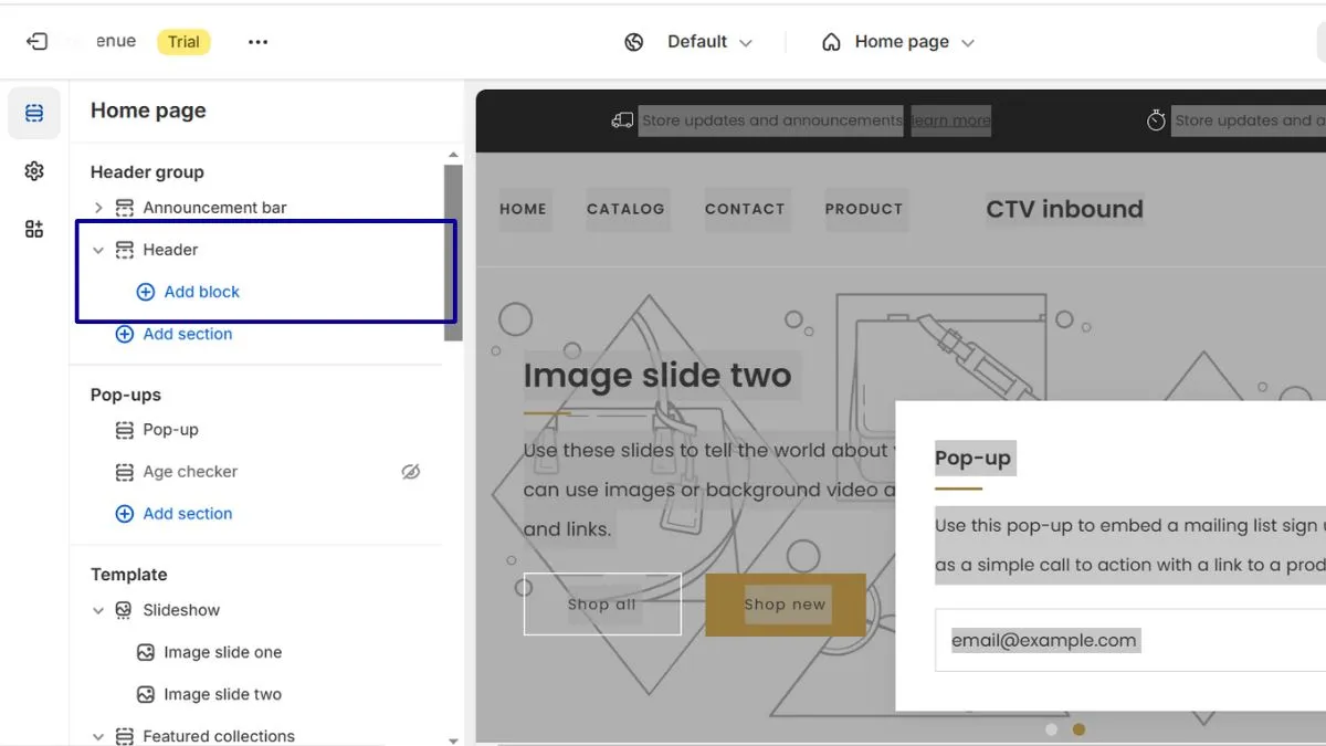 Navigate to the Header section in the theme editor